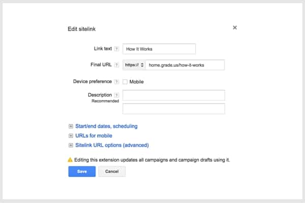 Edit Sitelink Extensions