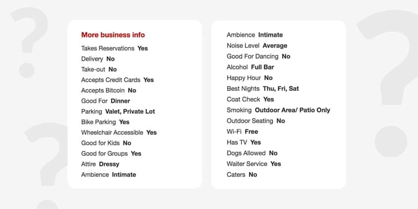 list of yelp listing attributes for restaurants