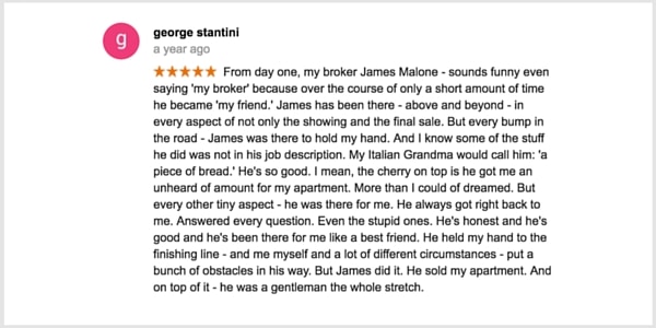 5 star review highlighting a broker's humility