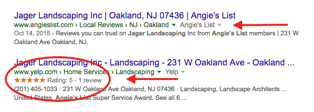 SERPs for yelp with organic stars, but not on angie's list