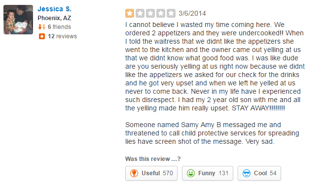 1 star yelp review of a restauranteur who 'fought back'