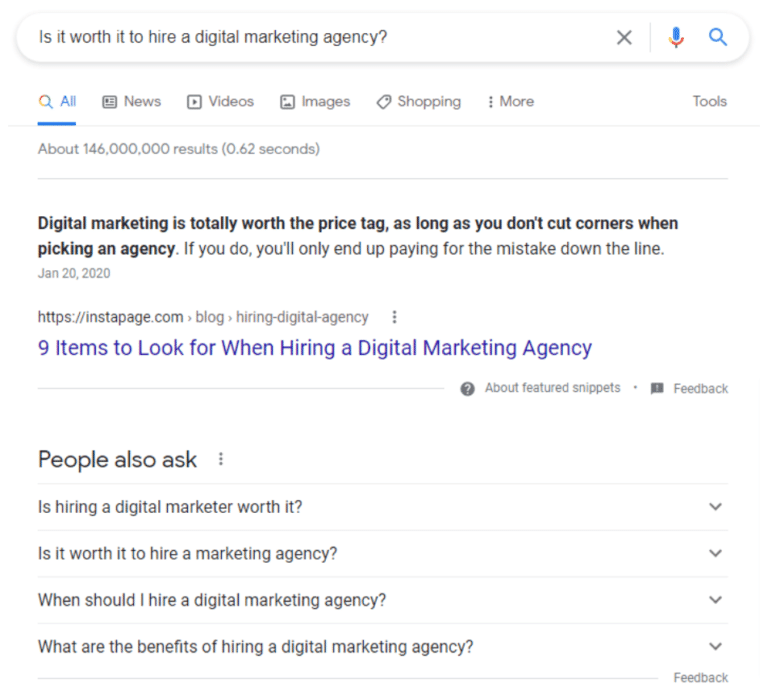 Screenshot of Search is it worth it to hire a digital marketing agency
