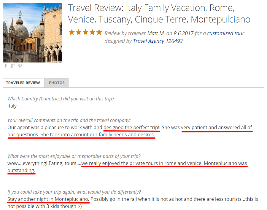 Zicasso review 2 - 5 stars -descriptive explanation of Italy trip.
