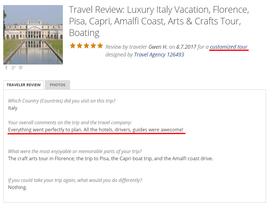 Zicasso 5 Star Review 3 - Great description of how the trip to Italy was well planned.