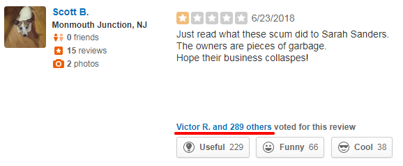 Sarah Sander The Red Hen 1 star Yelp Review