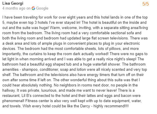 Great Google hotel review about amenities