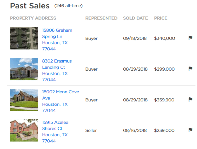 past sales example on Zillow Agent Finder