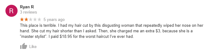 Google review about a stylist who has boogers.