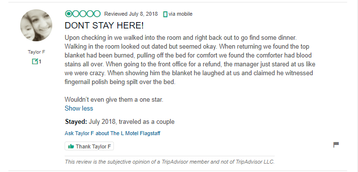 Awful TripAdvisor review for a hotel in Flagstaff