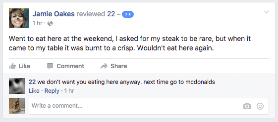 Facebook review of 22 that criticizes the well done steak