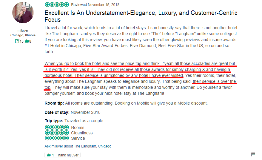 5 star tripadvisor review highlighting great organic text detail in review