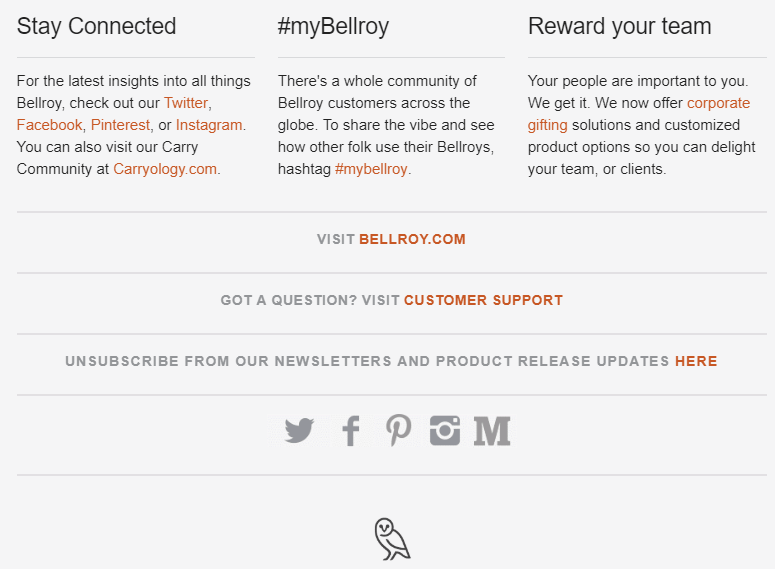 social links in the footer of an email from Bellroy