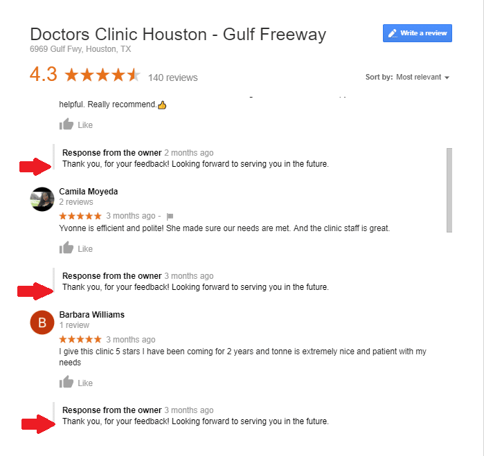example of generic and formulaic owner review responses to positive reviews.
