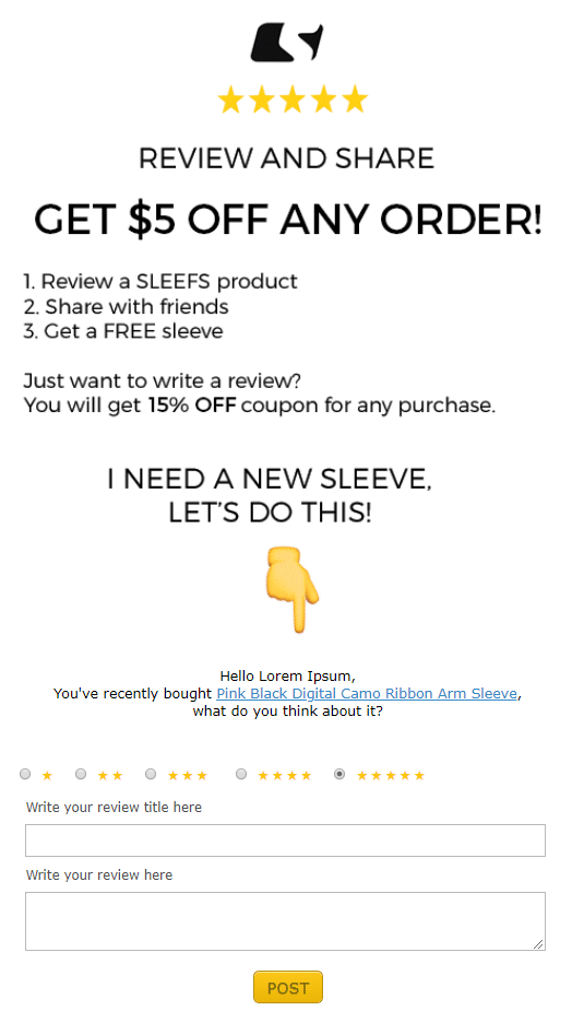 coupon example encouraging online reviews