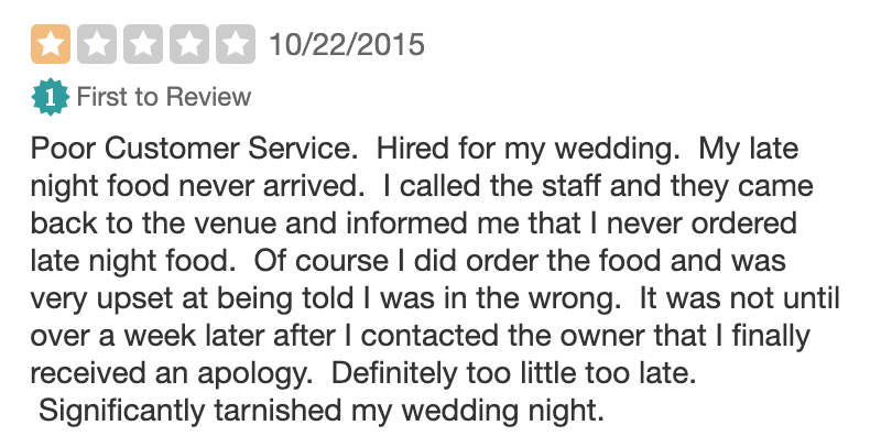 poor customer service yelp review for wedding catering vendor