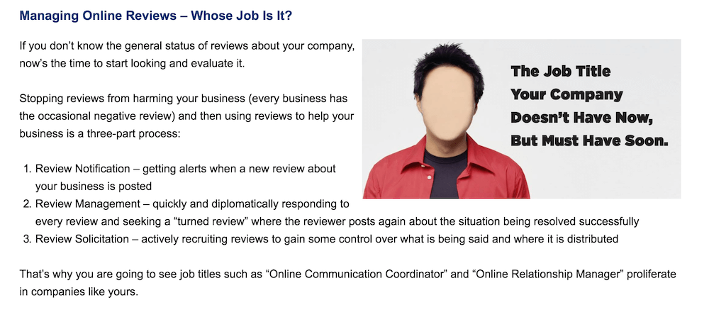 Managing online review service description for Roar Internet Marketing