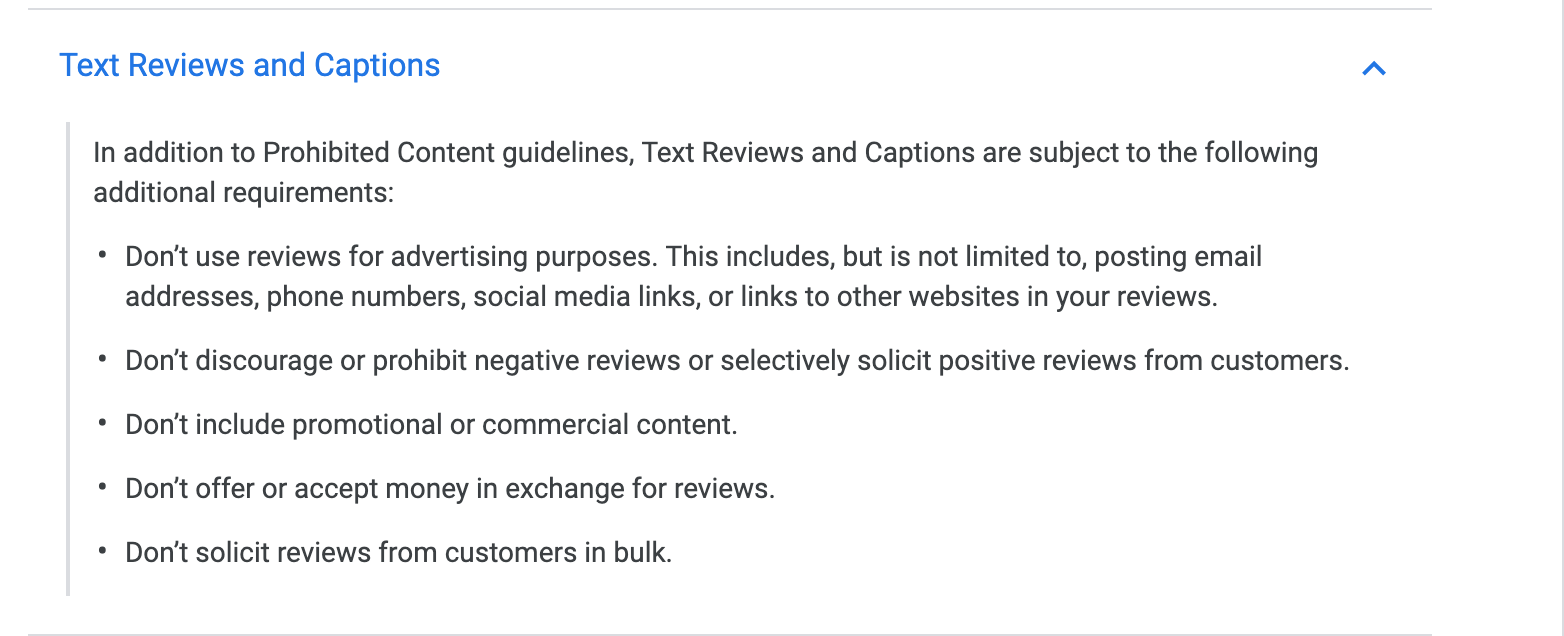 Guidelines specifically around Google text reviews