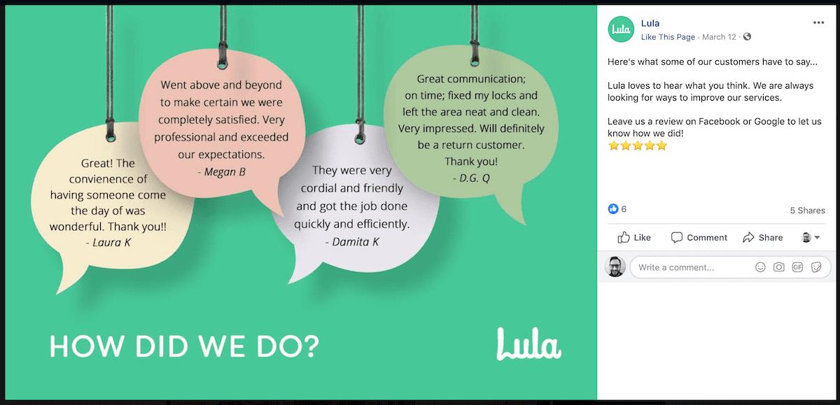 lula facebook post highlighting their reviews as one of their review marketing tactics