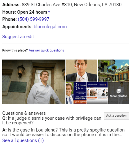 bloomlegal google my business knowledge panel with question answered