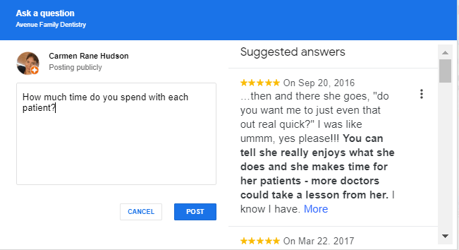 dentist great google reviews answers wait time