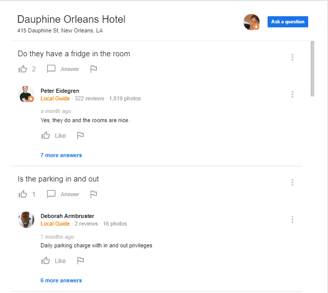google question and answer examples for hotels