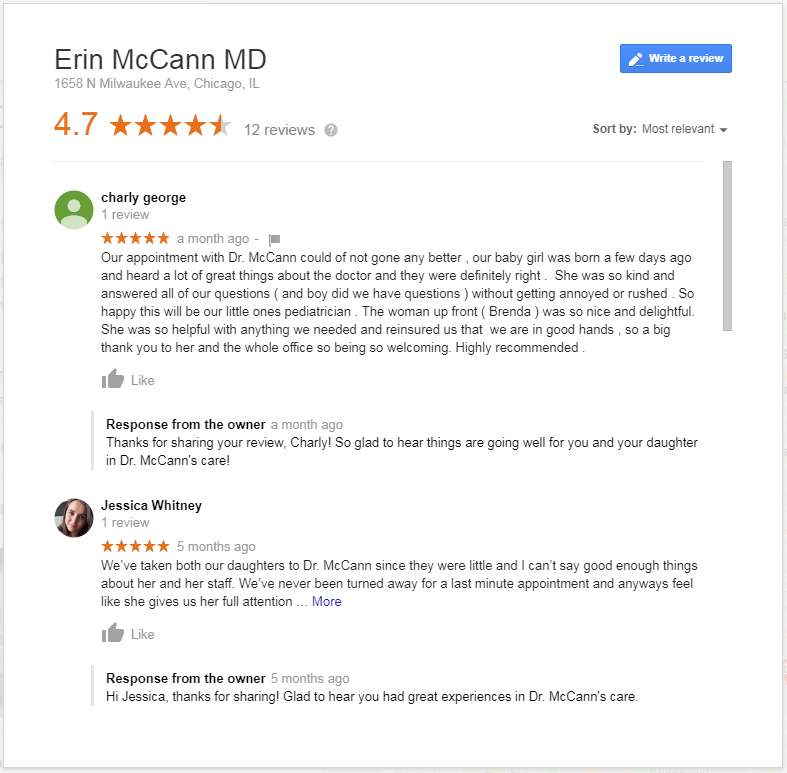 Example of great reviews on Google for the pediatrician Dr. McCann