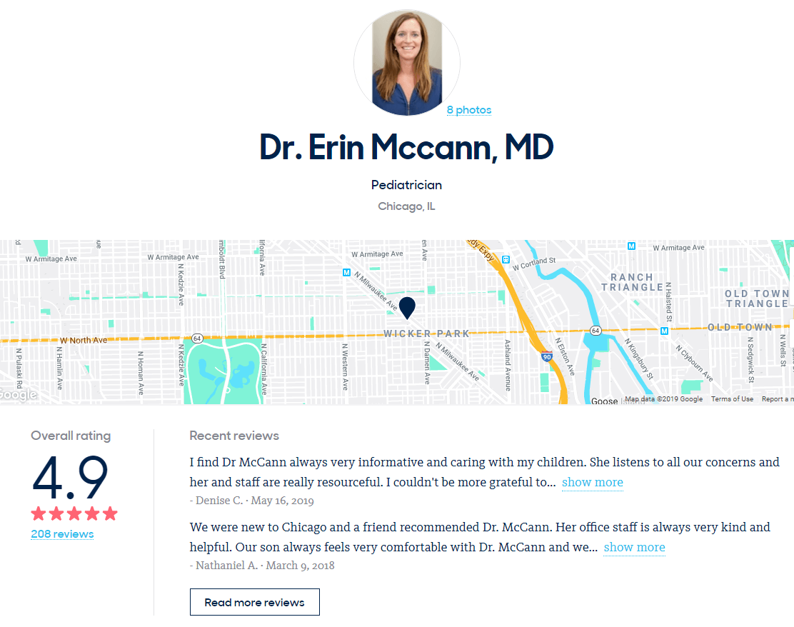examples of good ZocDoc reviews for pediatrician Dr. McCann