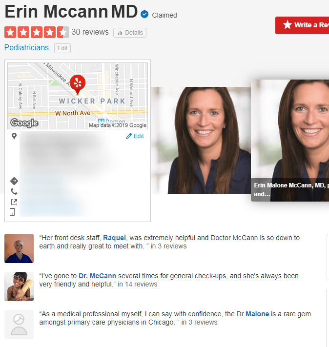 Example of Yelp reviews for pediatrician Dr. McCann