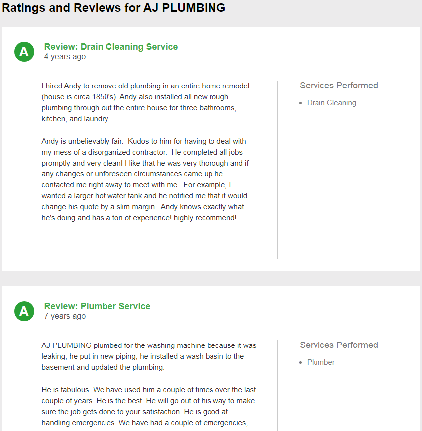 Example of ratings and reviews for a plumber on Angie's List