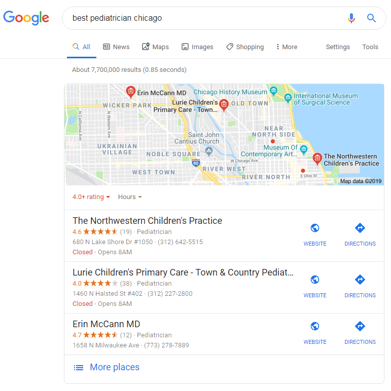Google Local pack for best pediatrician in Chicago