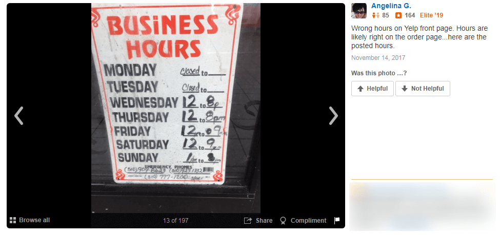 Wrong business hours for a local listing being called out in a Yelp review. 