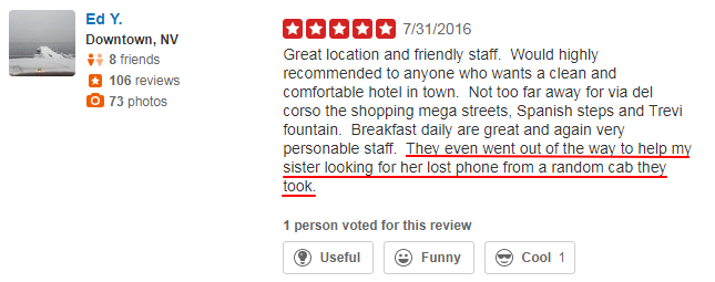5 star Yelp review from Ed Y about a great hotel