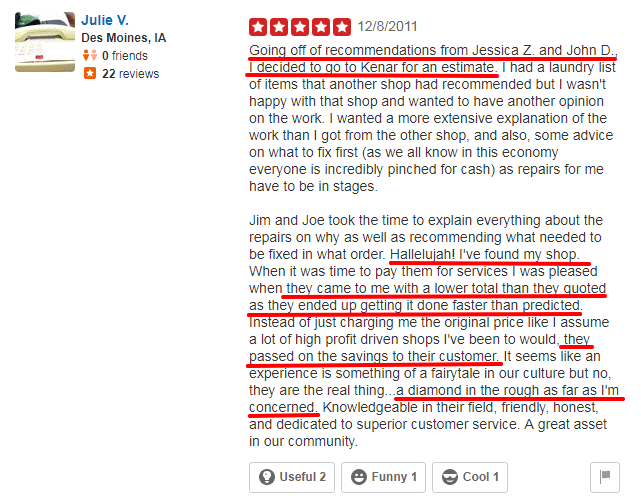 Positive Yelp Review for Auto repair business