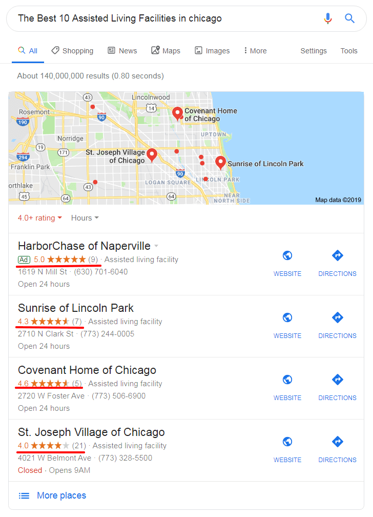 assisted living google local pack chicago