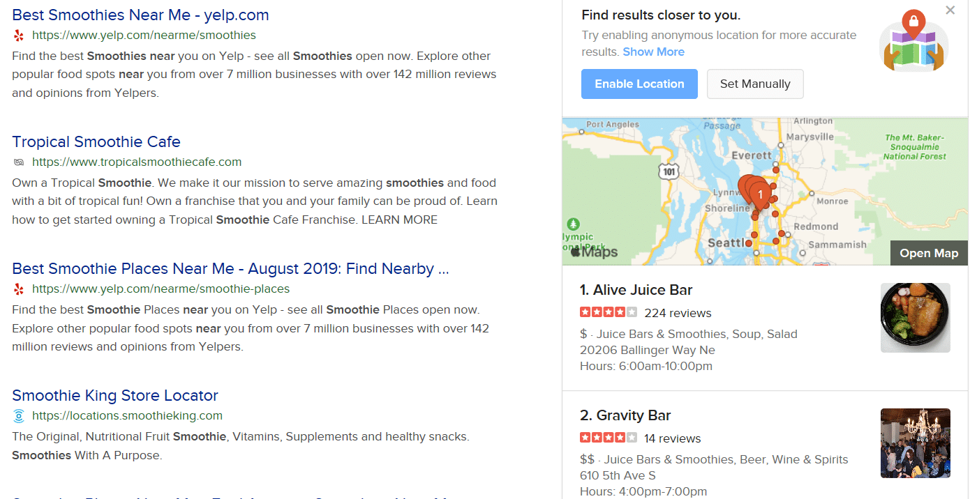 Duckduckgo local search results for smoothies near me