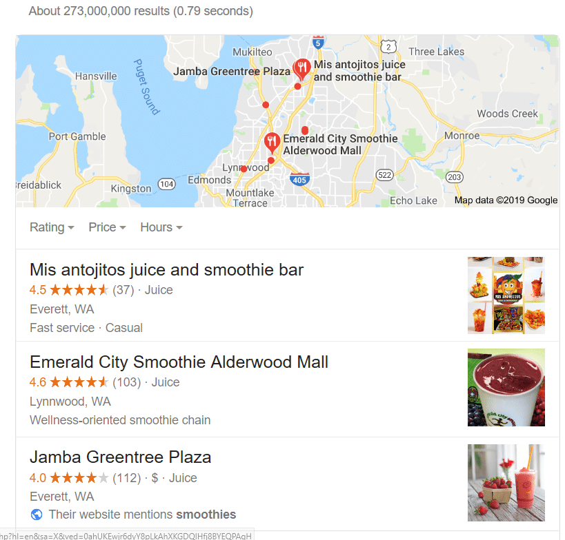 Google Local Pack for smoothies near me