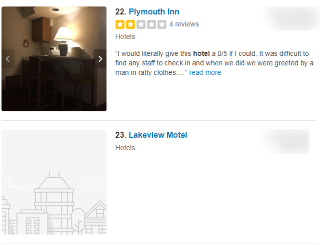 Example of hotel listings on Yelp from independent hotels