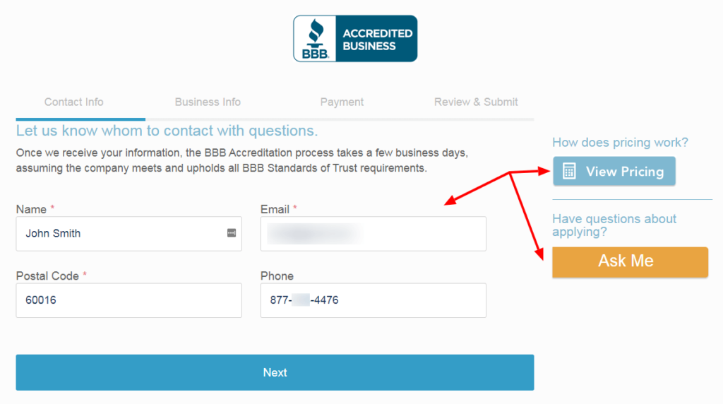 BBB accreditation form example