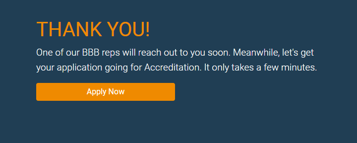 BBB accreditation application thank you screen