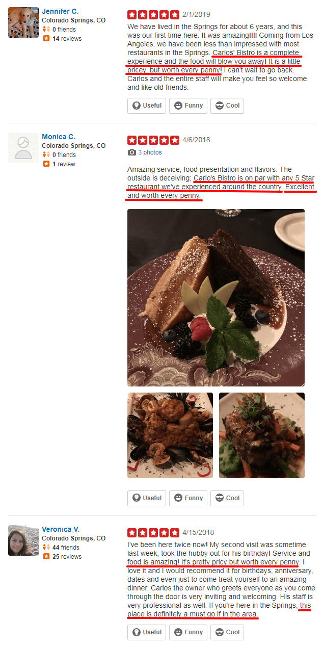 5 Star Yelp review for a Colorado restaurant