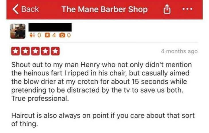 Funny 5 star yelp review for a barber shop