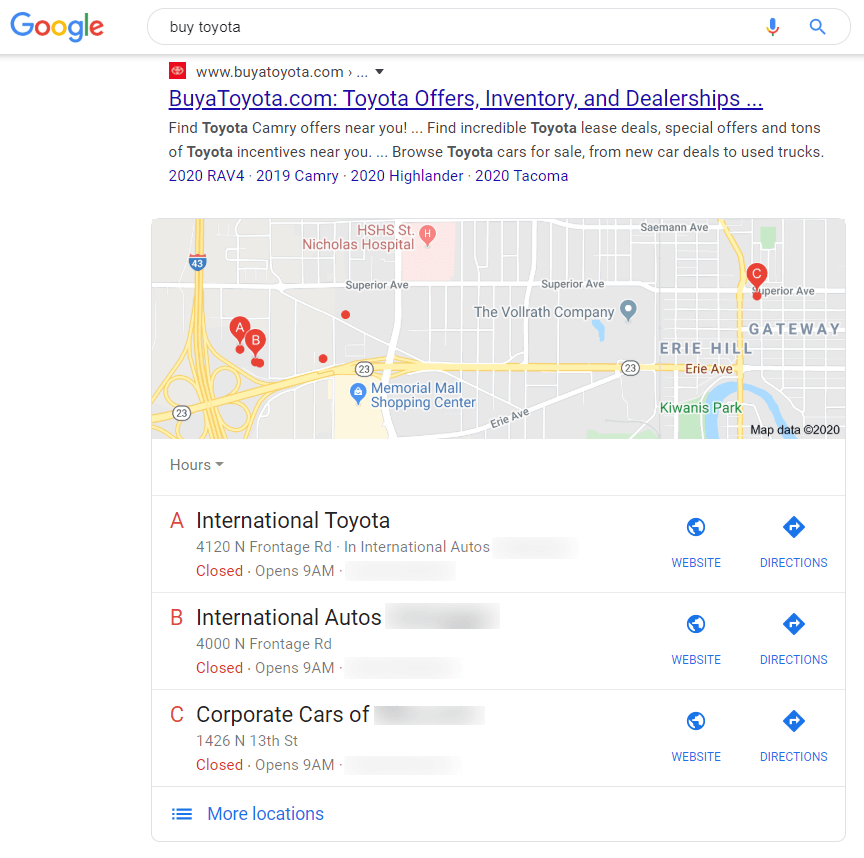 google 3 pack local dealer example
