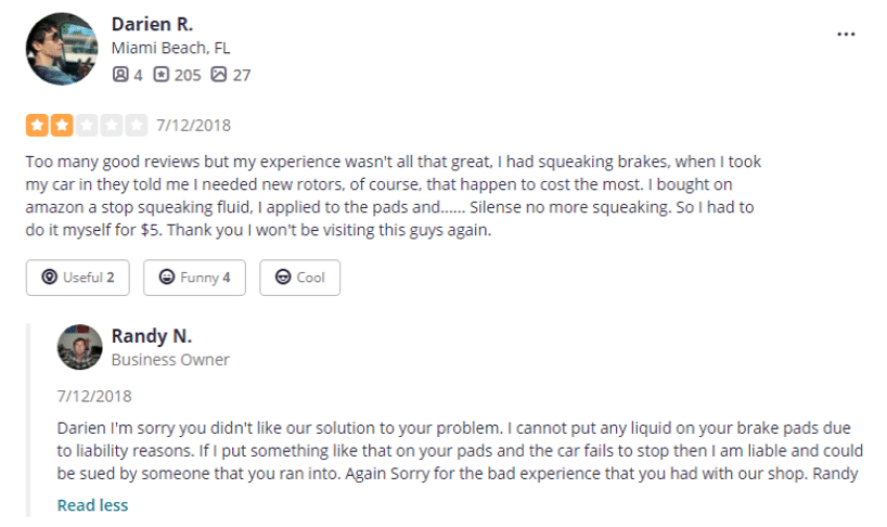 yelp review response example 6