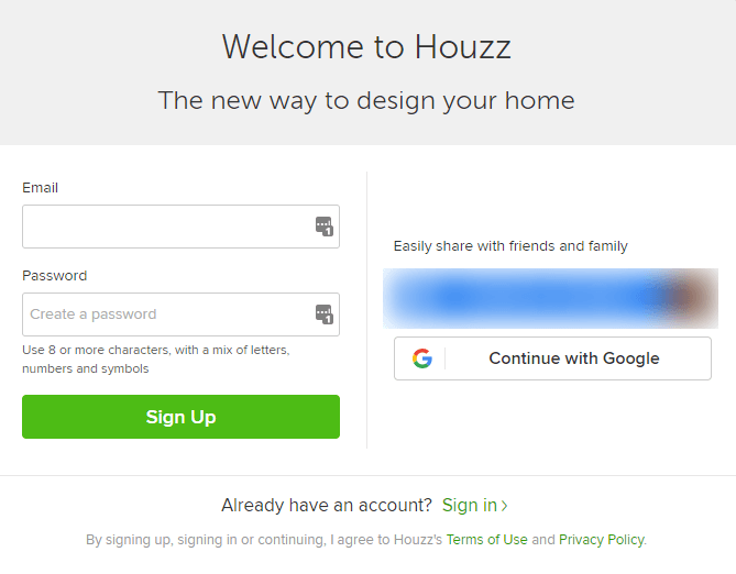 houzz signup form