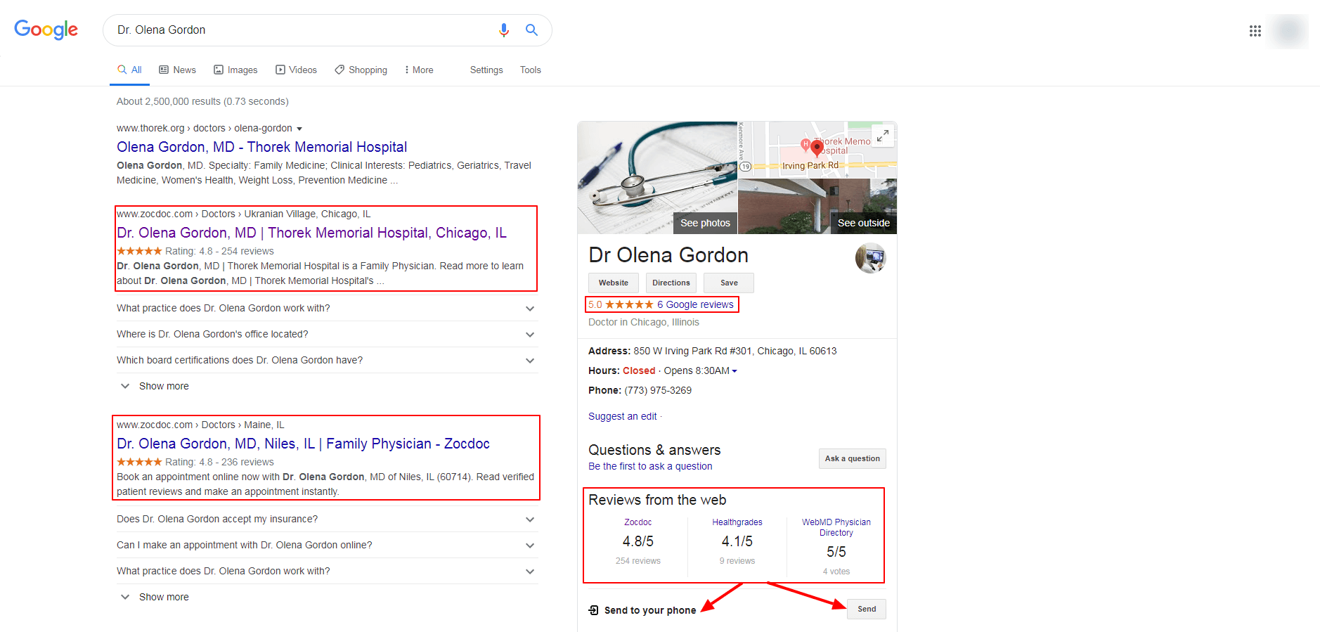 zocdoc on google results page