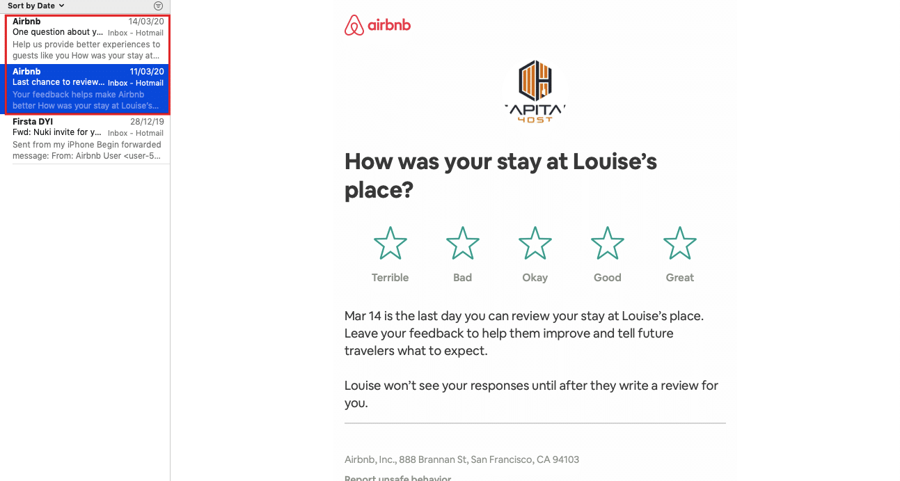 airBnB review email request
