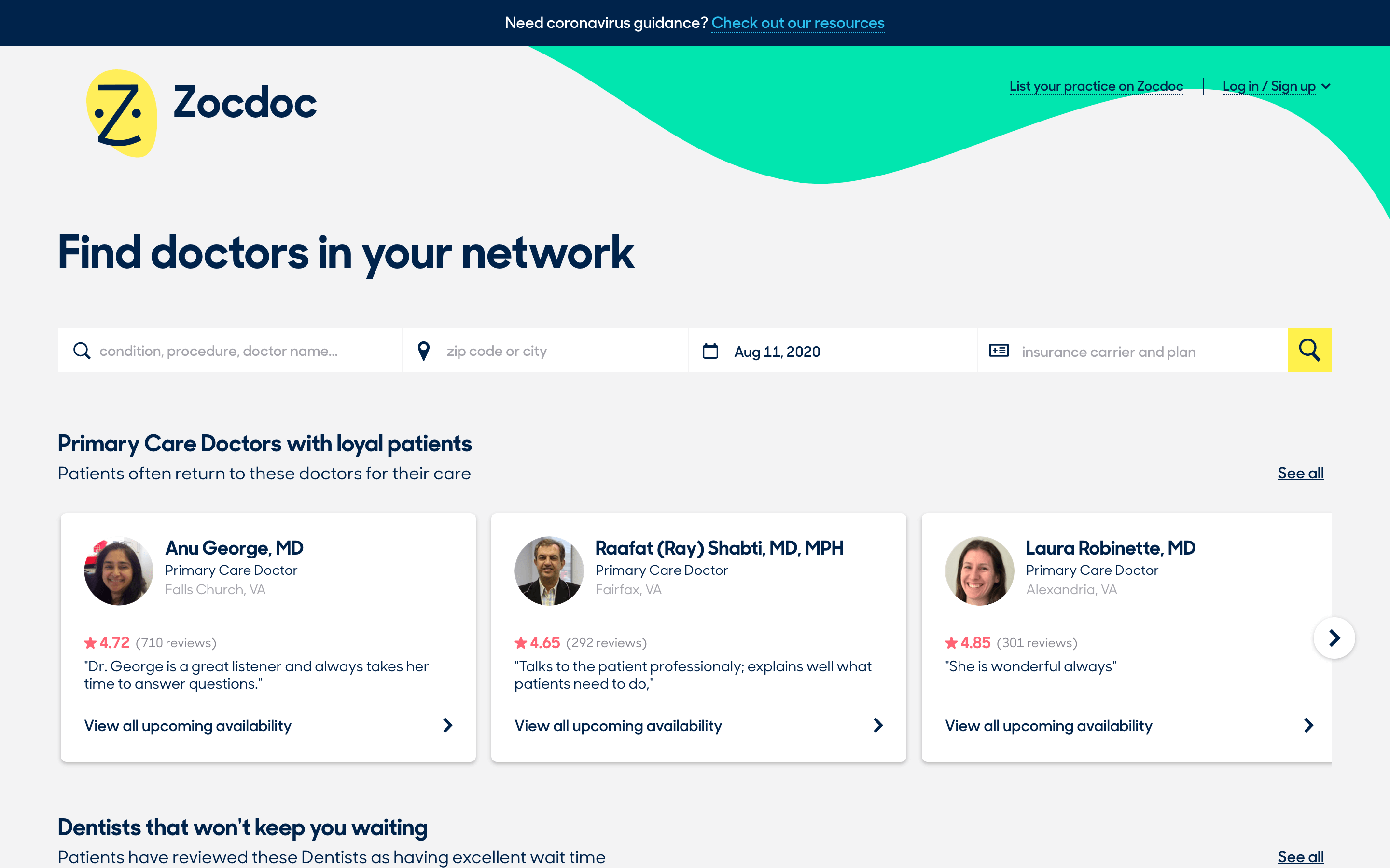 Zocdoc homepage