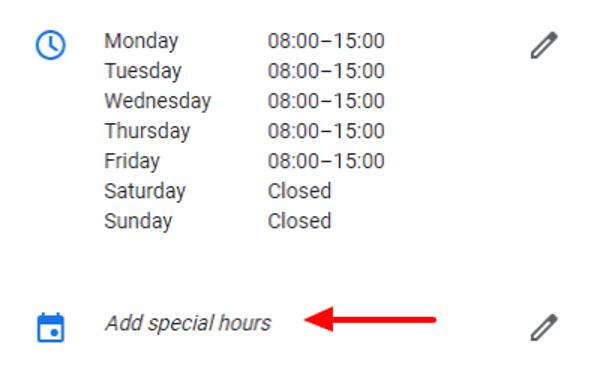 Google My Business add special hours