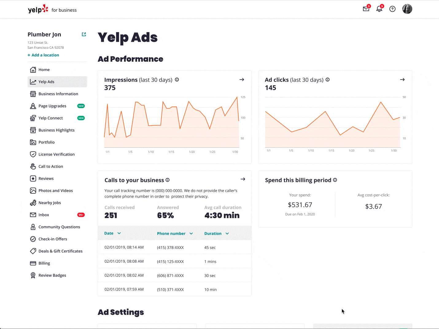yelp ads performance dashboard