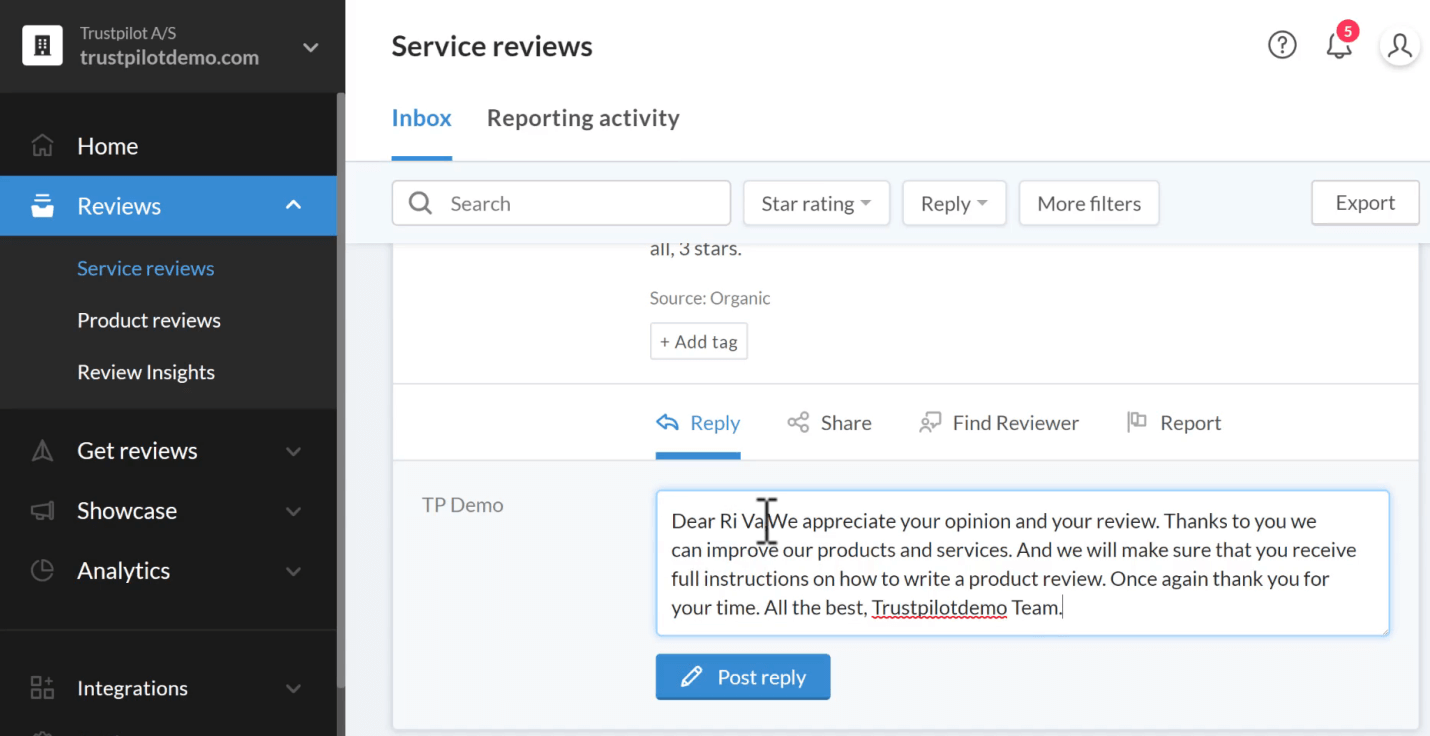 trustpilot service review response
